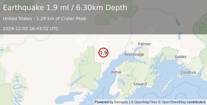 Earthquake 63 km WNW of Tyonek, Alaska (1.9 ml) (2024-12-03 16:43:52 UTC)