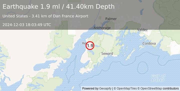 Earthquake 7 km SE of Soldotna, Alaska (1.9 ml) (2024-12-03 18:03:49 UTC)