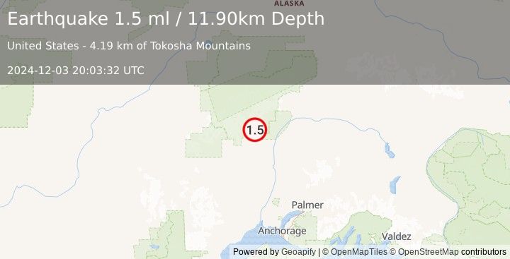 Earthquake 22 km N of Petersville, Alaska (1.5 ml) (2024-12-03 20:03:32 UTC)