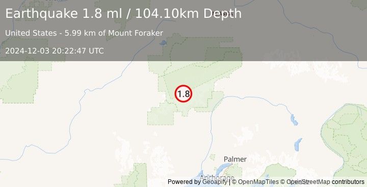 Earthquake 55 km NNW of Petersville, Alaska (1.8 ml) (2024-12-03 20:22:47 UTC)