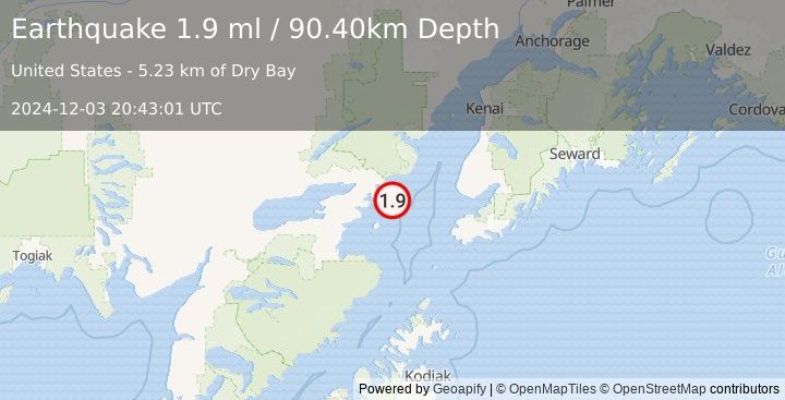 Earthquake 58 km ESE of Pedro Bay, Alaska (1.9 ml) (2024-12-03 20:43:01 UTC)