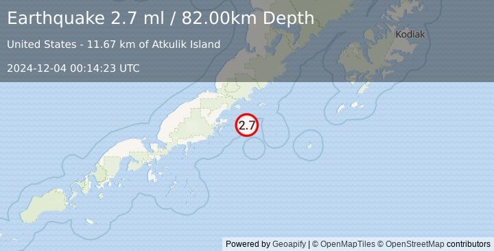 Earthquake 49 km ESE of Chignik, Alaska (2.7 ml) (2024-12-04 00:14:23 UTC)