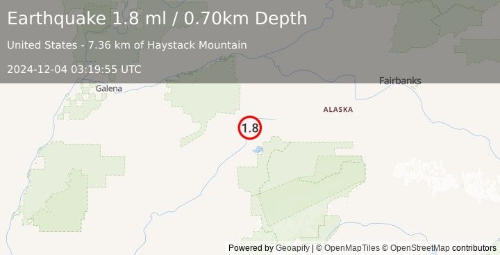 Earthquake 35 km NNW of Lake Minchumina, Alaska (1.8 ml) (2024-12-04 03:19:55 UTC)