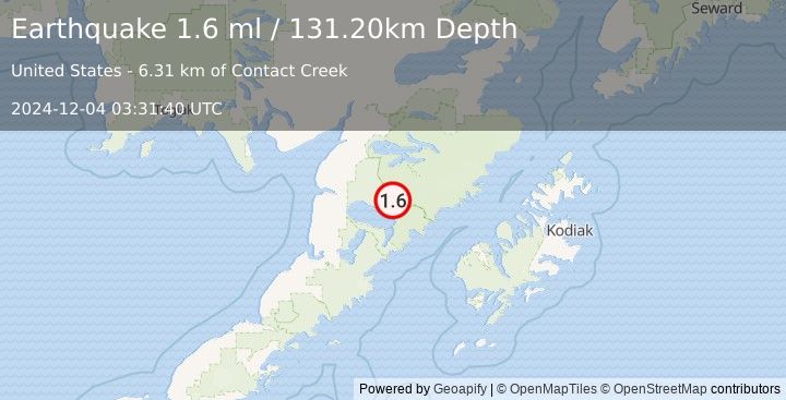 Earthquake 76 km SSE of King Salmon, Alaska (1.6 ml) (2024-12-04 03:31:40 UTC)