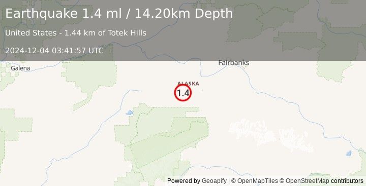 Earthquake 34 km W of Clear, Alaska (1.4 ml) (2024-12-04 03:41:57 UTC)