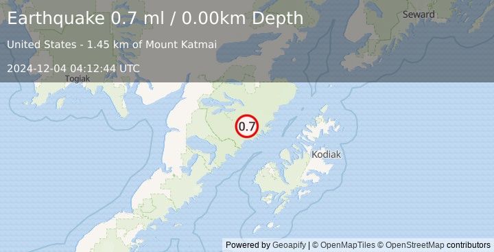 Earthquake 82 km NNW of Karluk, Alaska (0.7 ml) (2024-12-04 04:12:44 UTC)