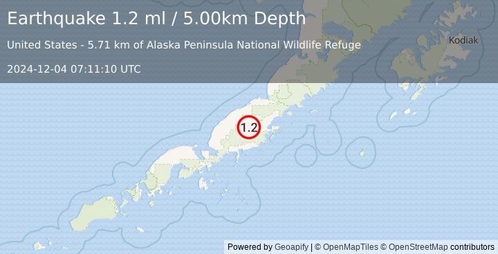 Earthquake 28 km W of Chignik Lake, Alaska (1.2 ml) (2024-12-04 07:11:10 UTC)