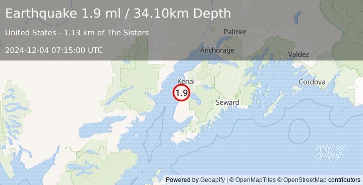 Earthquake 9 km NNW of Clam Gulch, Alaska (1.9 ml) (2024-12-04 07:15:00 UTC)