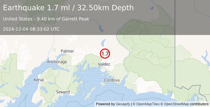 Earthquake 42 km N of Valdez, Alaska (1.7 ml) (2024-12-04 08:33:02 UTC)