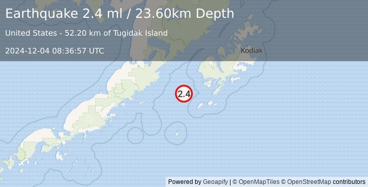 Earthquake 72 km WSW of Akhiok, Alaska (2.4 ml) (2024-12-04 08:36:57 UTC)