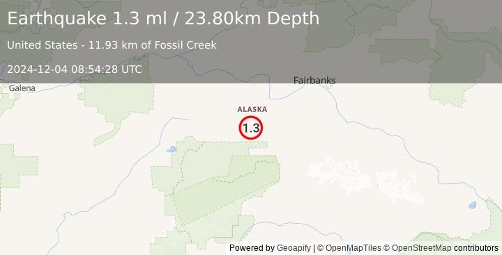 Earthquake 26 km WSW of Clear, Alaska (1.3 ml) (2024-12-04 08:54:28 UTC)