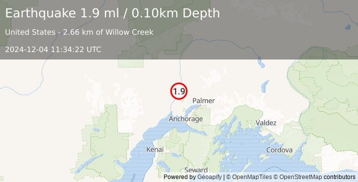 Earthquake 10 km NW of Willow, Alaska (1.9 ml) (2024-12-04 11:34:22 UTC)