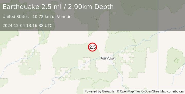 Earthquake 10 km SW of Venetie, Alaska (2.5 ml) (2024-12-04 13:16:38 UTC)