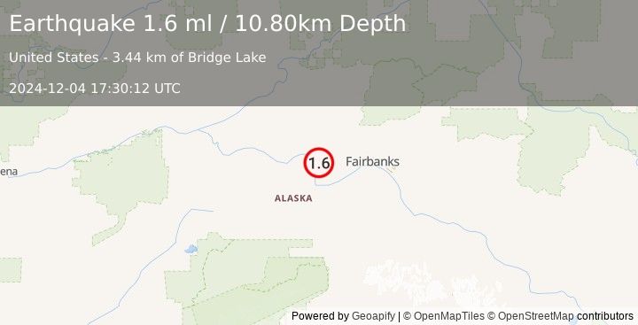 Earthquake 24 km N of Four Mile Road, Alaska (1.6 ml) (2024-12-04 17:30:12 UTC)