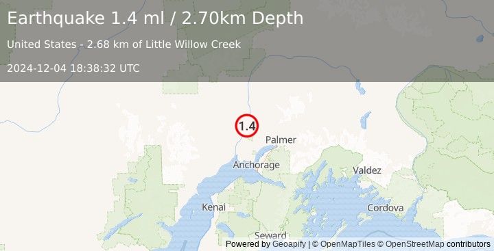 Earthquake 11 km NW of Willow, Alaska (1.4 ml) (2024-12-04 18:38:32 UTC)