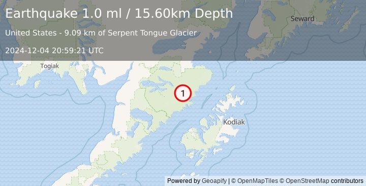 Earthquake 98 km N of Karluk, Alaska (1.0 ml) (2024-12-04 20:59:21 UTC)