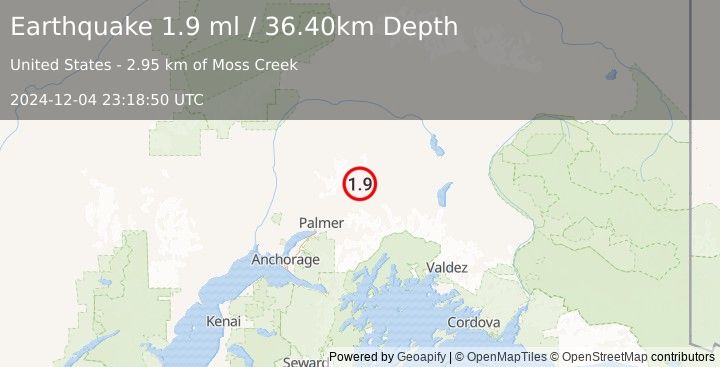 Earthquake 25 km NNE of Chickaloon, Alaska (1.9 ml) (2024-12-04 23:18:50 UTC)