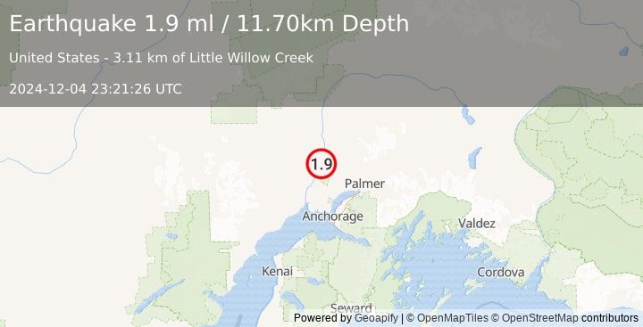 Earthquake 11 km NW of Willow, Alaska (1.9 ml) (2024-12-04 23:21:26 UTC)