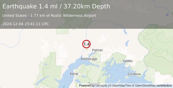 Earthquake 13 km NNW of Willow, Alaska (1.4 ml) (2024-12-04 23:41:11 UTC)