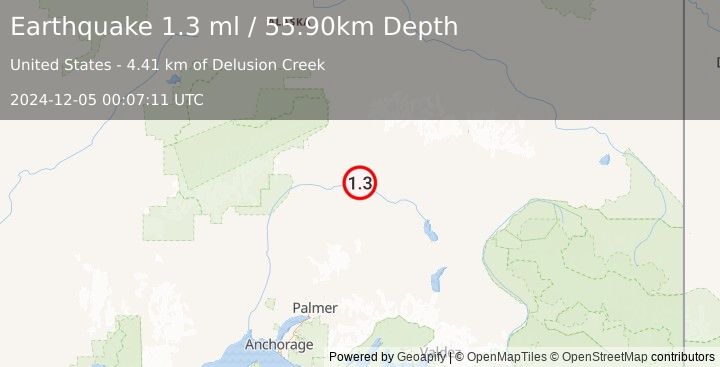 Earthquake 71 km SE of Cantwell, Alaska (1.3 ml) (2024-12-05 00:07:11 UTC)