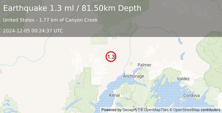 Earthquake 13 km SSW of Skwentna, Alaska (1.3 ml) (2024-12-05 00:24:37 UTC)