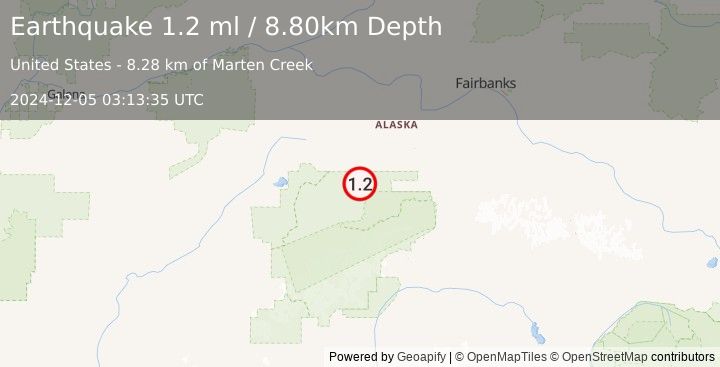 Earthquake 68 km WSW of Ferry, Alaska (1.2 ml) (2024-12-05 03:13:35 UTC)