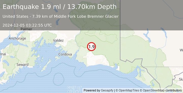 Earthquake 69 km SSW of McCarthy, Alaska (1.9 ml) (2024-12-05 03:22:55 UTC)