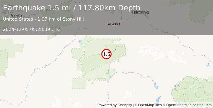 Earthquake 65 km W of Cantwell, Alaska (1.5 ml) (2024-12-05 05:28:39 UTC)