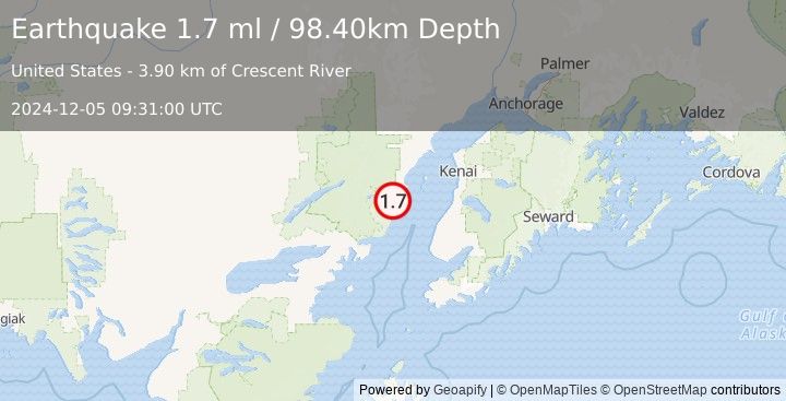 Earthquake 55 km WNW of Ninilchik, Alaska (1.7 ml) (2024-12-05 09:31:00 UTC)