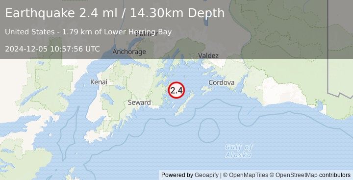 Earthquake 36 km NNE of Chenega, Alaska (2.4 ml) (2024-12-05 10:57:56 UTC)