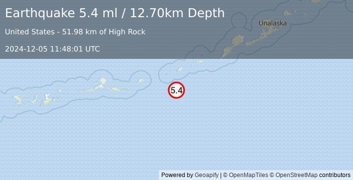 Earthquake 166 km SW of Nikolski, Alaska (5.4 ml) (2024-12-05 11:48:01 UTC)