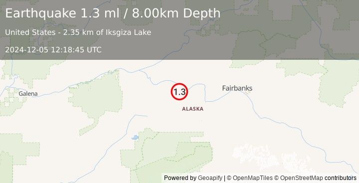 Earthquake 31 km SE of Manley Hot Springs, Alaska (1.3 ml) (2024-12-05 12:18:45 UTC)