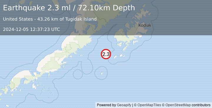 Earthquake 77 km WSW of Akhiok, Alaska (2.3 ml) (2024-12-05 12:37:23 UTC)