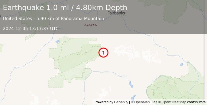 Earthquake 18 km NE of Cantwell, Alaska (1.0 ml) (2024-12-05 13:17:37 UTC)