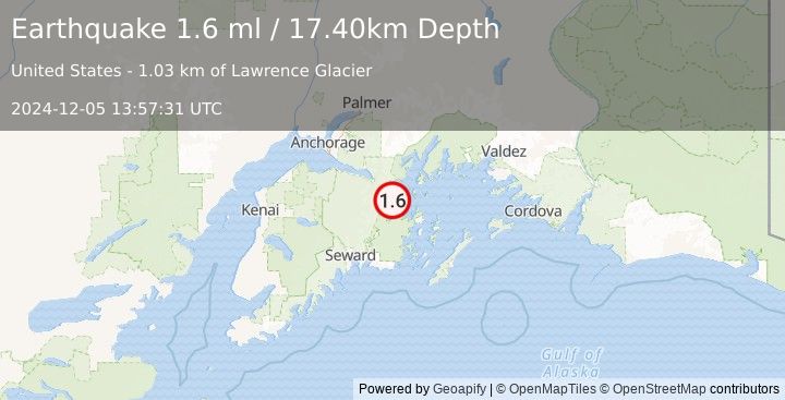 Earthquake 15 km SSE of Whittier, Alaska (1.6 ml) (2024-12-05 13:57:31 UTC)