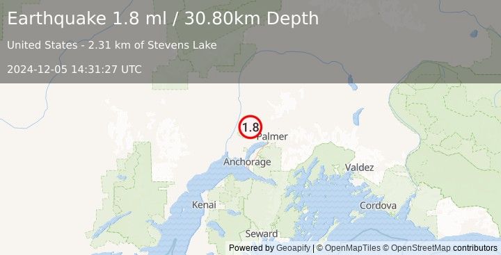 Earthquake 11 km N of Houston, Alaska (1.8 ml) (2024-12-05 14:31:27 UTC)