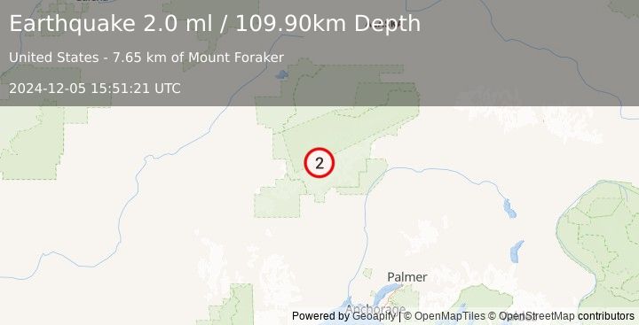 Earthquake 53 km NNW of Petersville, Alaska (2.0 ml) (2024-12-05 15:51:21 UTC)