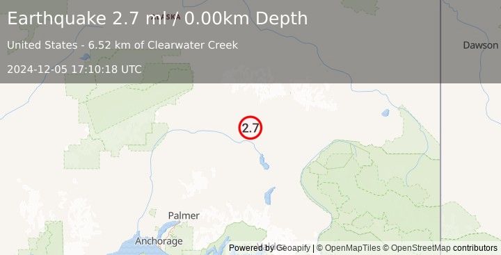 Earthquake 71 km NNW of Lake Louise, Alaska (2.7 ml) (2024-12-05 17:10:18 UTC)