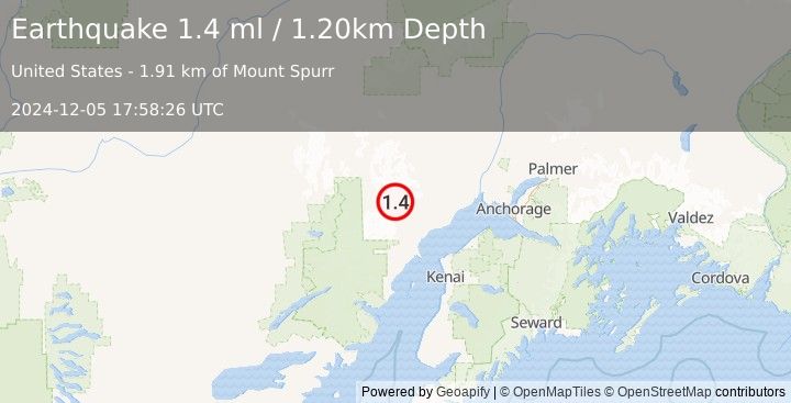 Earthquake 64 km WNW of Tyonek, Alaska (1.4 ml) (2024-12-05 17:58:26 UTC)