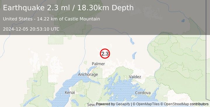 Earthquake 20 km NNW of Chickaloon, Alaska (2.3 ml) (2024-12-05 20:53:10 UTC)