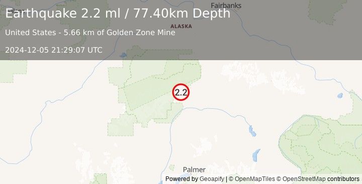 Earthquake 44 km SW of Cantwell, Alaska (2.2 ml) (2024-12-05 21:29:07 UTC)