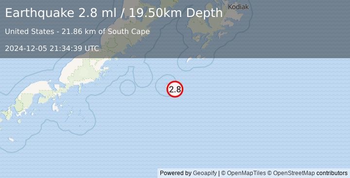 Earthquake 149 km SSW of Akhiok, Alaska (2.8 ml) (2024-12-05 21:34:39 UTC)