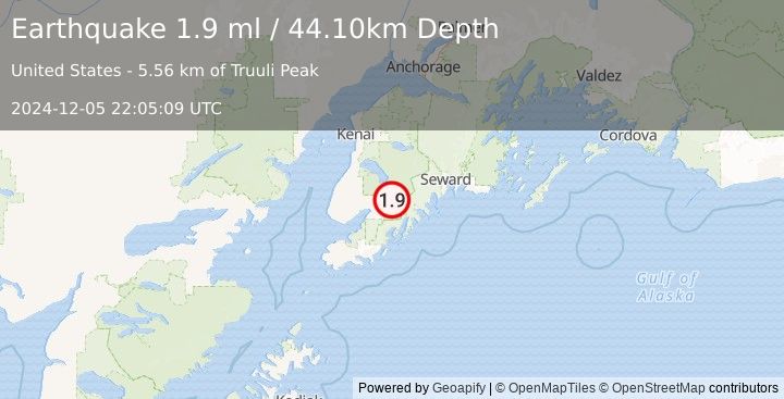 Earthquake 24 km E of Fox River, Alaska (1.9 ml) (2024-12-05 22:05:09 UTC)