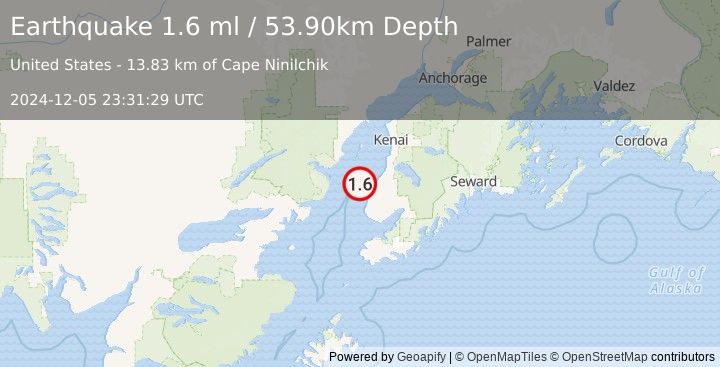 Earthquake 15 km W of Ninilchik, Alaska (1.6 ml) (2024-12-05 23:31:29 UTC)