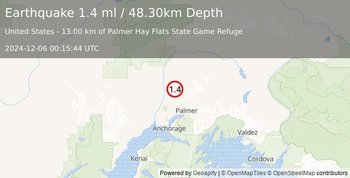 Earthquake 16 km SE of Susitna North, Alaska (1.4 ml) (2024-12-06 00:15:44 UTC)