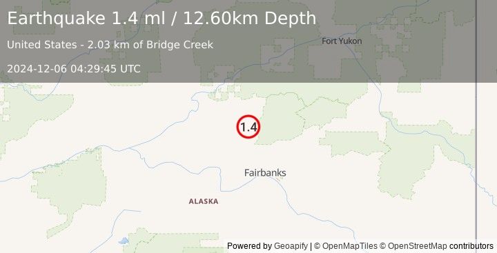 Earthquake 15 km ESE of Livengood, Alaska (1.4 ml) (2024-12-06 04:29:45 UTC)