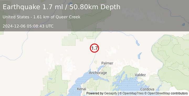 Earthquake 13 km SSE of Trapper Creek, Alaska (1.7 ml) (2024-12-06 05:08:43 UTC)