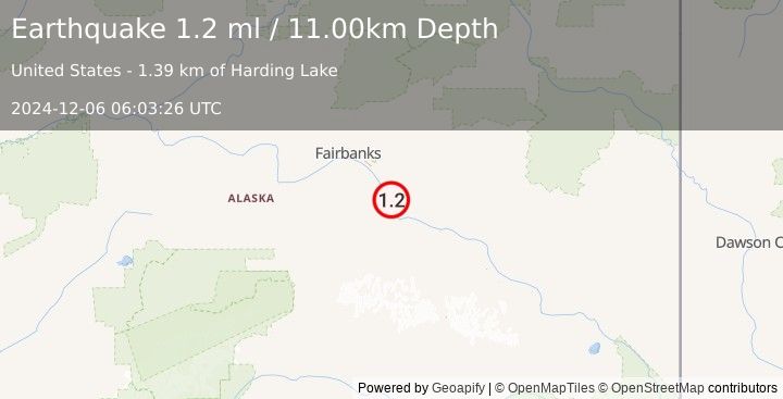 Earthquake 10 km SSE of Salcha, Alaska (1.2 ml) (2024-12-06 06:03:26 UTC)