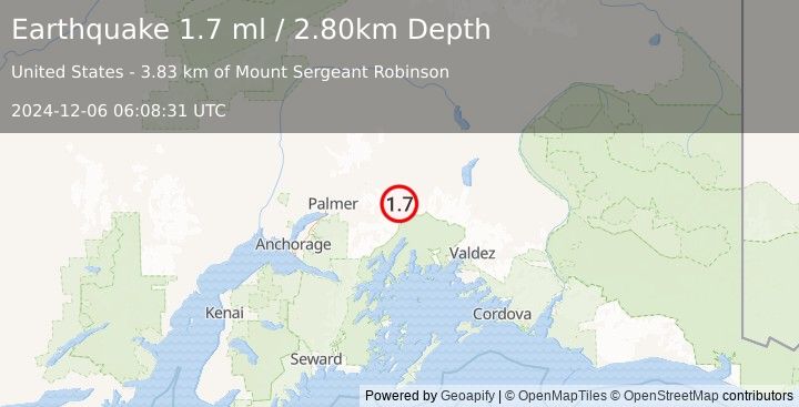 Earthquake 24 km SSW of Glacier View, Alaska (1.7 ml) (2024-12-06 06:08:31 UTC)