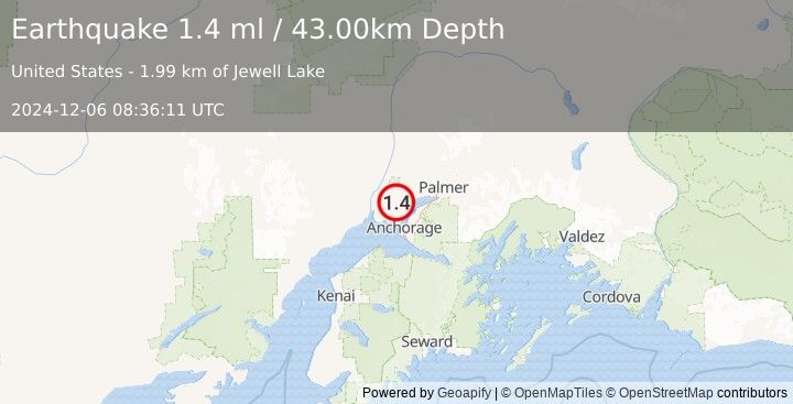 Earthquake 8 km SW of Big Lake, Alaska (1.4 ml) (2024-12-06 08:36:11 UTC)